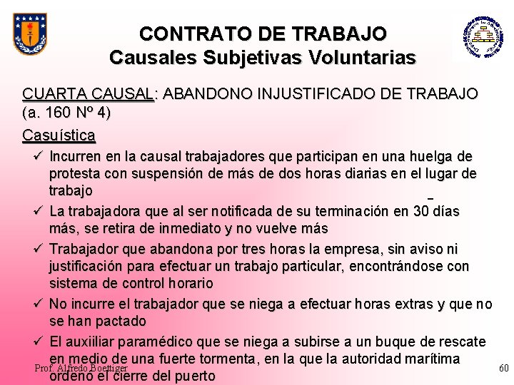 CONTRATO DE TRABAJO Causales Subjetivas Voluntarias CUARTA CAUSAL: ABANDONO INJUSTIFICADO DE TRABAJO (a. 160