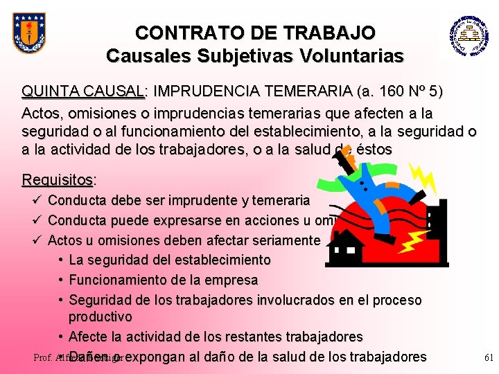 CONTRATO DE TRABAJO Causales Subjetivas Voluntarias QUINTA CAUSAL: IMPRUDENCIA TEMERARIA (a. 160 Nº 5)