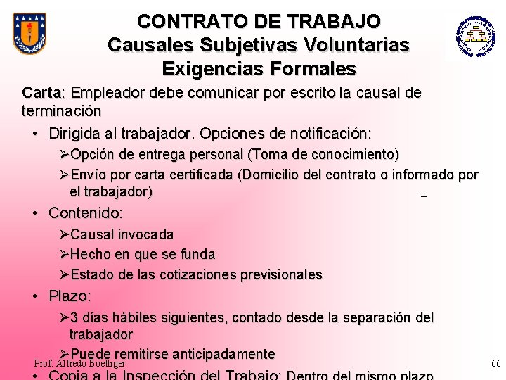 CONTRATO DE TRABAJO Causales Subjetivas Voluntarias Exigencias Formales Carta: Empleador debe comunicar por escrito