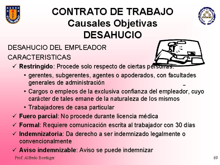 CONTRATO DE TRABAJO Causales Objetivas DESAHUCIO DEL EMPLEADOR CARACTERISTICAS ü Restringido: Procede solo respecto