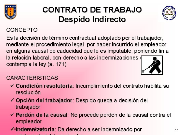 CONTRATO DE TRABAJO Despido Indirecto CONCEPTO Es la decisión de término contractual adoptado por