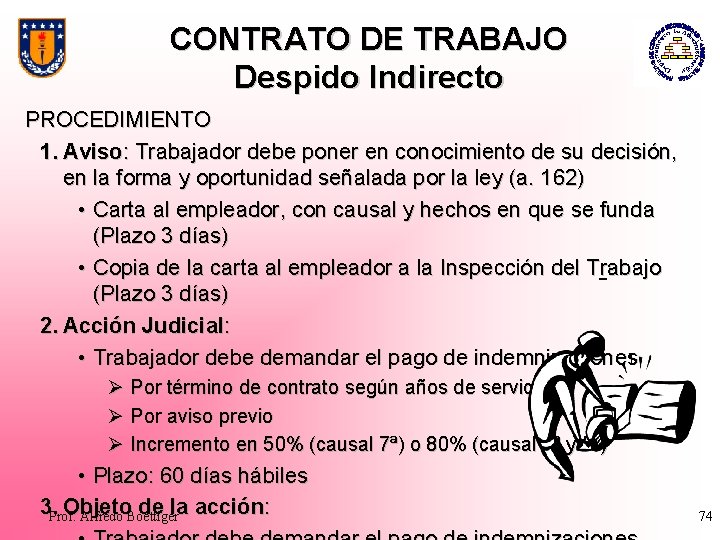 CONTRATO DE TRABAJO Despido Indirecto PROCEDIMIENTO 1. Aviso: Trabajador debe poner en conocimiento de