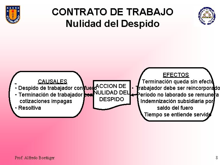 CONTRATO DE TRABAJO Nulidad del Despido EFECTOS • Terminación queda sin efecto CAUSALES ACCION