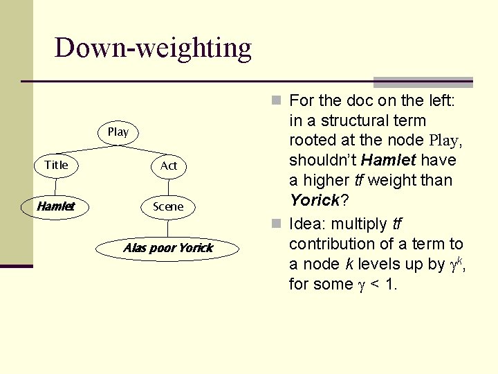 Down-weighting n For the doc on the left: Play Title Act Hamlet Scene Alas