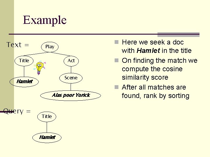 Example Text = n Here we seek a doc Play Title Act Scene Hamlet