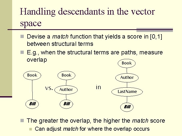 Handling descendants in the vector space n Devise a match function that yields a