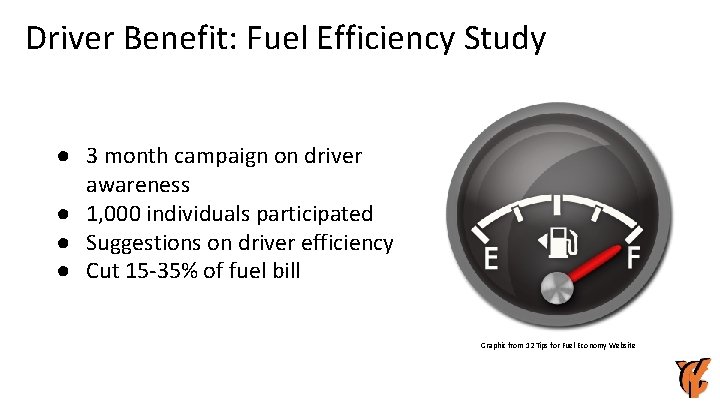 Driver Benefit: Fuel Efficiency Study ● 3 month campaign on driver awareness ● 1,