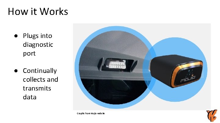 How it Works ● Plugs into diagnostic port ● Continually collects and transmits data