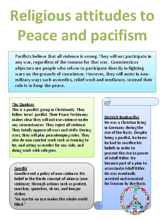 Religious attitudes to Peace and pacifism Pacifists believe that all violence is wrong. They