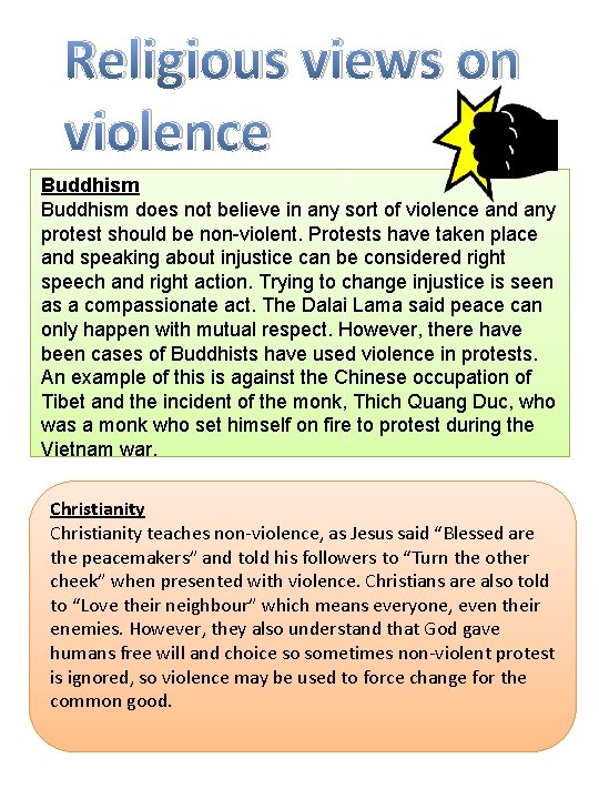 Religious views on violence Buddhism does not believe in any sort of violence and