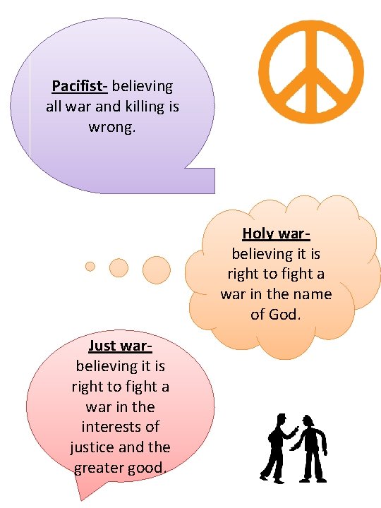Pacifist- believing all war and killing is wrong. Holy warbelieving it is right to