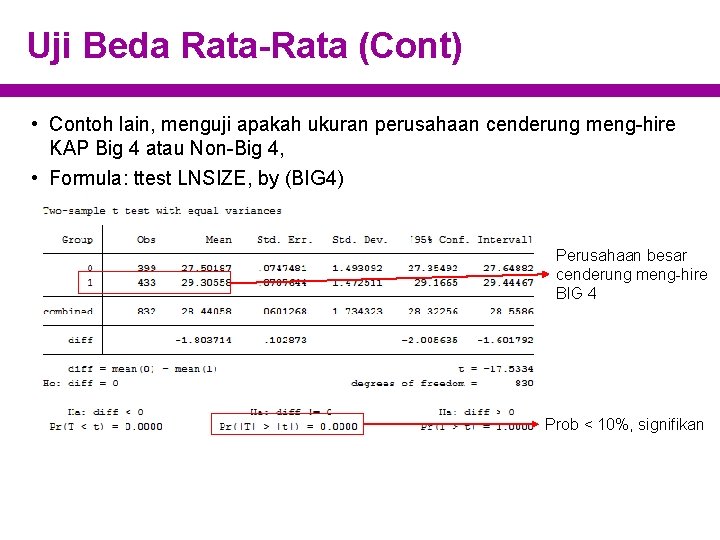 Uji Beda Rata-Rata (Cont) • Contoh lain, menguji apakah ukuran perusahaan cenderung meng-hire KAP