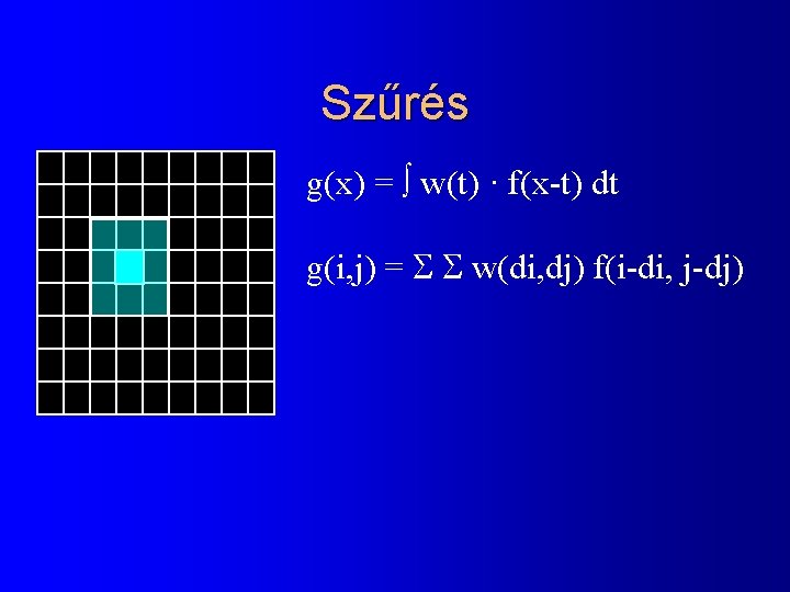 Szűrés g(x) = w(t) · f(x-t) dt g(i, j) = w(di, dj) f(i-di, j-dj)