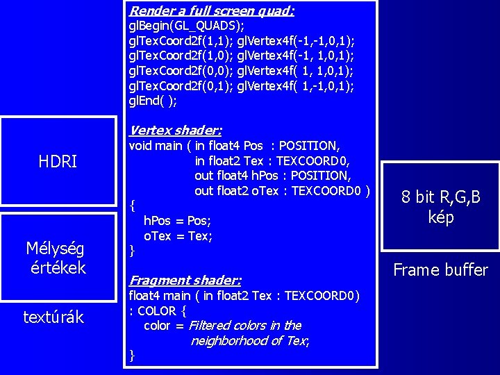 Render a full screen quad: gl. Begin(GL_QUADS); gl. Tex. Coord 2 f(1, 1); gl.