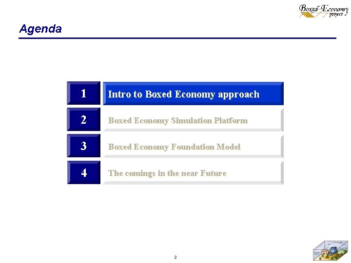 Agenda 1 Intro to Boxed Economy approach 2 Boxed Economy Simulation Platform 3 Boxed