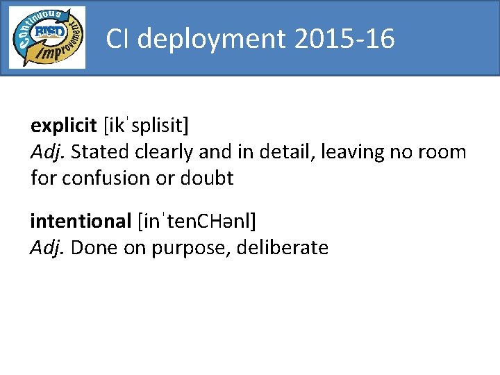 CI deployment 2015 -16 explicit [ikˈsplisit] Adj. Stated clearly and in detail, leaving no