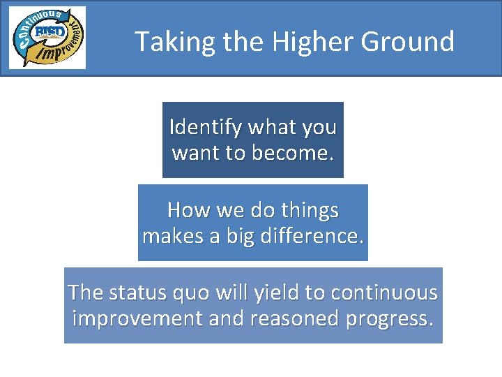Taking the Higher Ground Identify what you want to become. How we do things