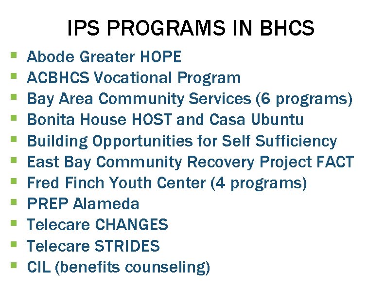 IPS PROGRAMS IN BHCS § § § Abode Greater HOPE ACBHCS Vocational Program Bay
