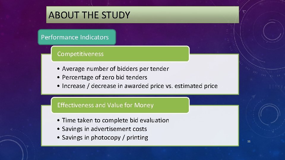 ABOUT THE STUDY Performance Indicators Competitiveness • Average number of bidders per tender •