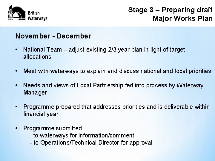 Stage 3 3– – Preparing draft Major Works Plan November - December • National