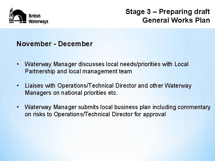 Stage 33––Preparingdraft General. Works. Plan November - December • Waterway Manager discusses local needs/priorities