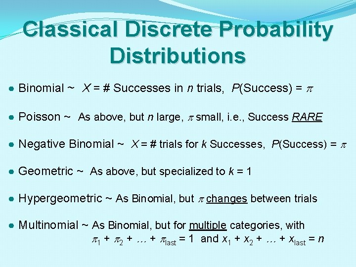 Classical Discrete Probability Distributions ● Binomial ~ X = # Successes in n trials,