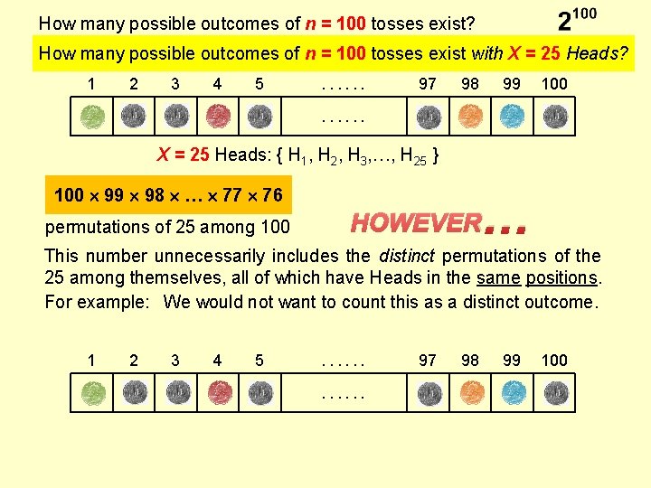 How many possible outcomes of n = 100 tosses exist? How many possible outcomes