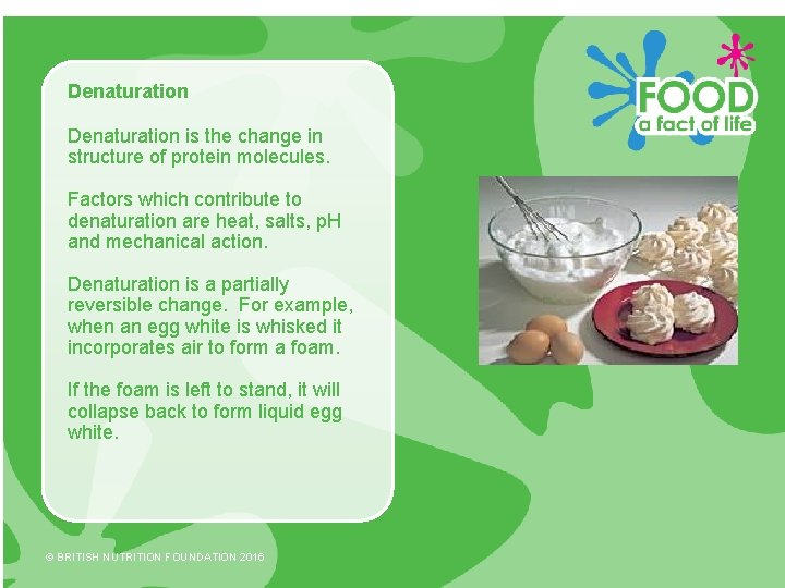 Denaturation is the change in structure of protein molecules. Factors which contribute to denaturation