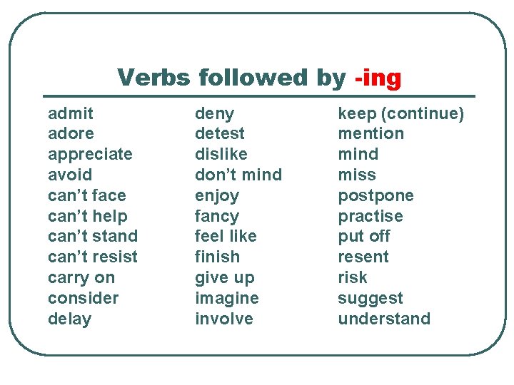 Verbs followed by -ing admit adore appreciate avoid can’t face can’t help can’t stand