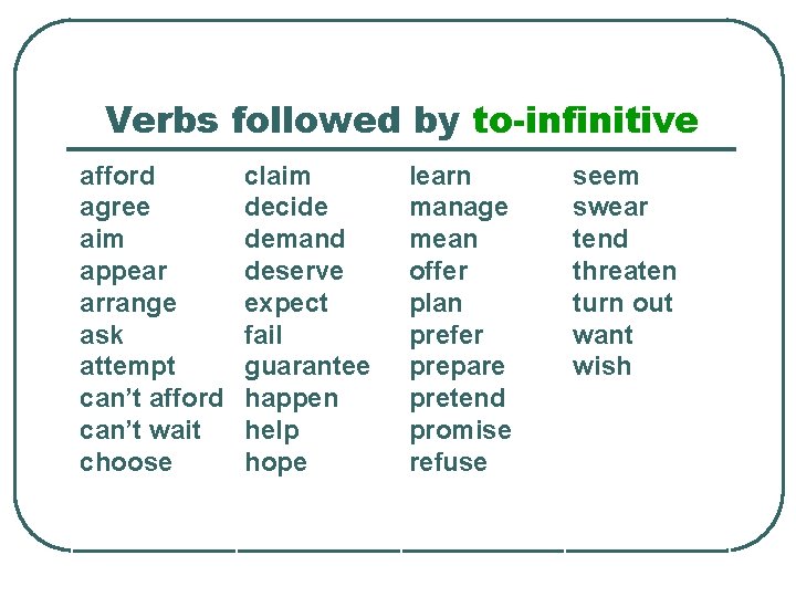 Verbs followed by to-infinitive afford agree aim appear arrange ask attempt can’t afford can’t