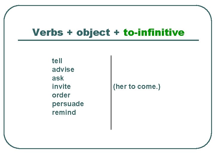 Verbs + object + to-infinitive tell advise ask invite order persuade remind (her to