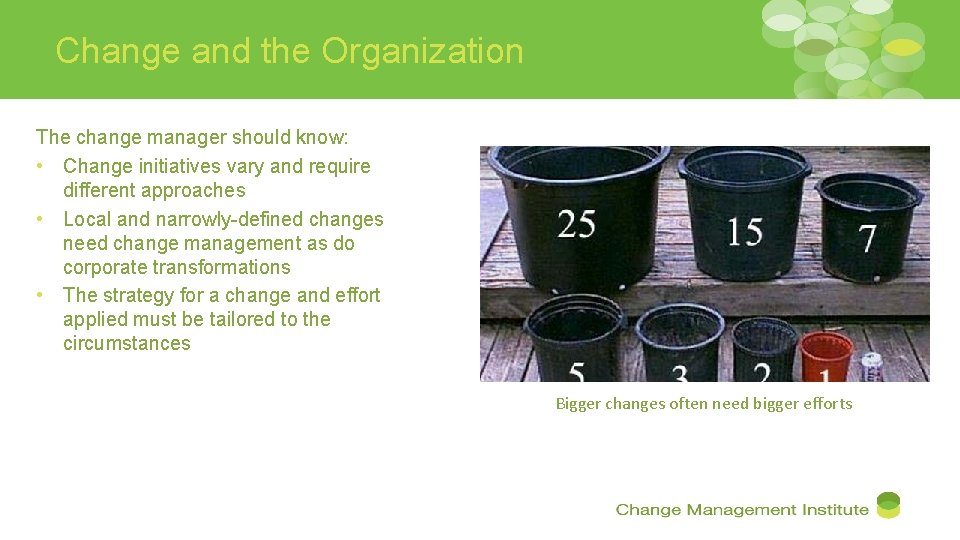 Change and the Organization The change manager should know: • Change initiatives vary and