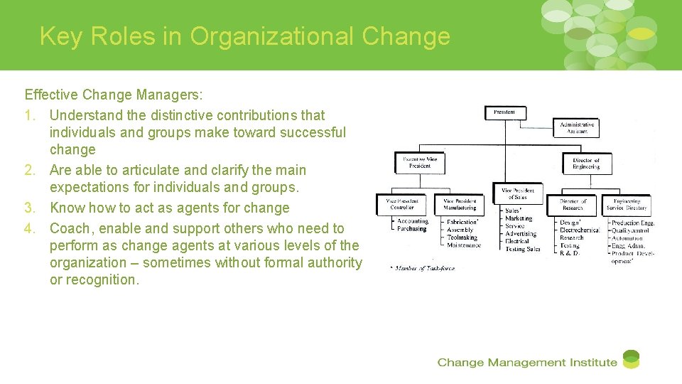 Key Roles in Organizational Change Effective Change Managers: 1. Understand the distinctive contributions that
