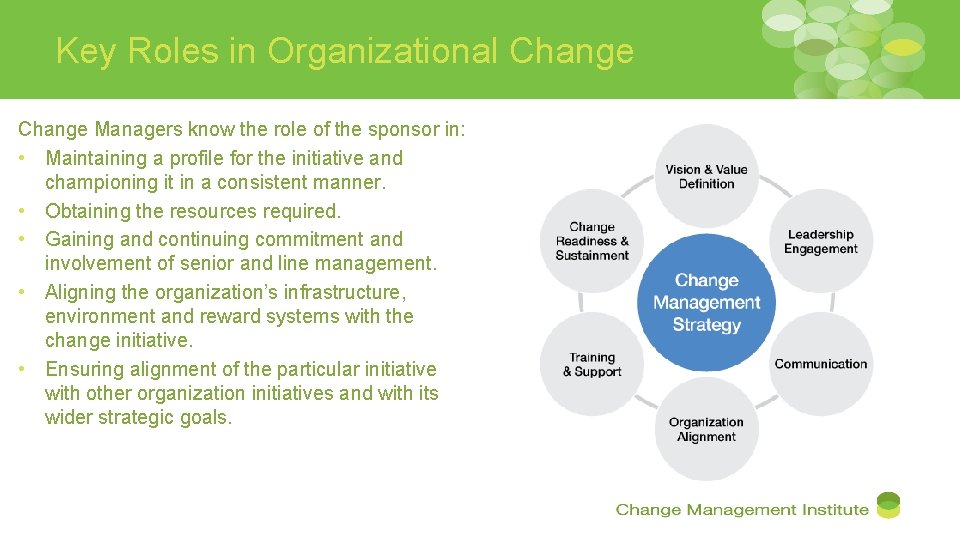 Key Roles in Organizational Change Managers know the role of the sponsor in: •