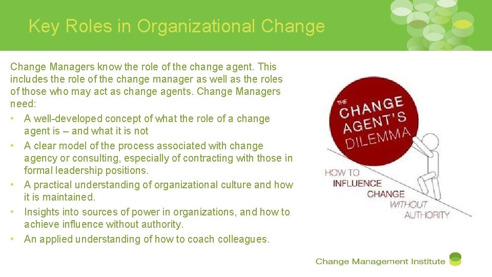 Key Roles in Organizational Change Managers know the role of the change agent. This