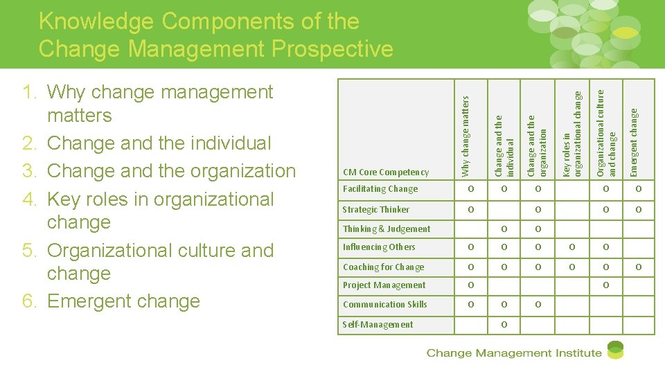 Facilitating Change O Strategic Thinker O Thinking & Judgement O O O O O