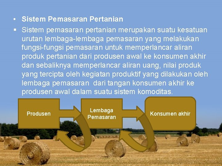  • Sistem Pemasaran Pertanian § Sistem pemasaran pertanian merupakan suatu kesatuan urutan lembaga-lembaga