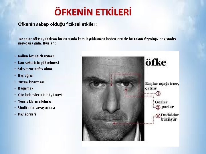 ÖFKENİN ETKİLERİ Öfkenin sebep olduğu fiziksel etkiler; İnsanlar öfke uyandıran bir durumla karşılaştıklarında bedenlerinde