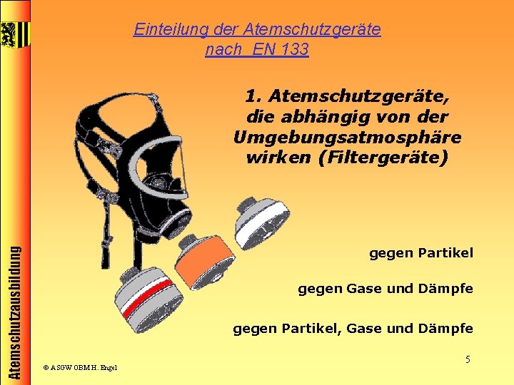 Einteilung der Atemschutzgeräte nach EN 133 Atemschutzausbildung 1. Atemschutzgeräte, die abhängig von der Umgebungsatmosphäre