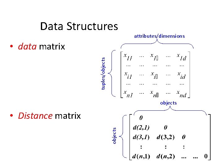 Data Structures attributes/dimensions tuples/objects • data matrix objects • Distance matrix 