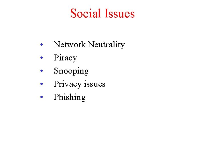 Social Issues • • • Network Neutrality Piracy Snooping Privacy issues Phishing 