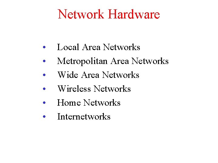 Network Hardware • • • Local Area Networks Metropolitan Area Networks Wide Area Networks
