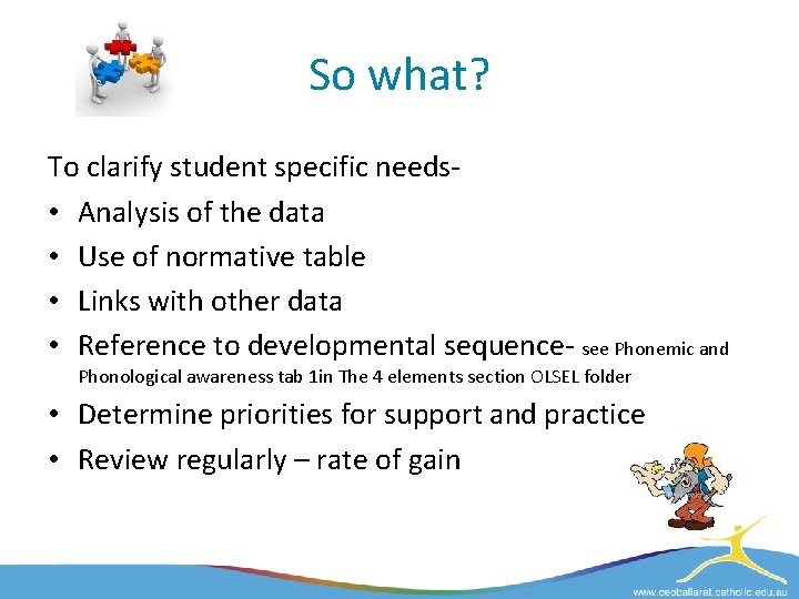 So what? To clarify student specific needs • Analysis of the data • Use