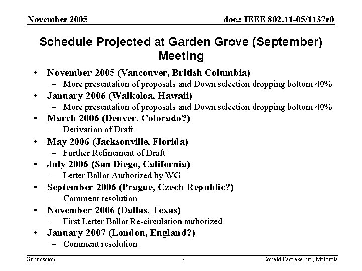 November 2005 doc. : IEEE 802. 11 -05/1137 r 0 Schedule Projected at Garden
