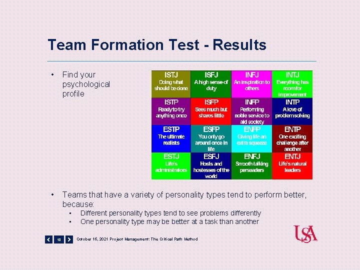 Team Formation Test - Results • Find your psychological profile • Teams that have