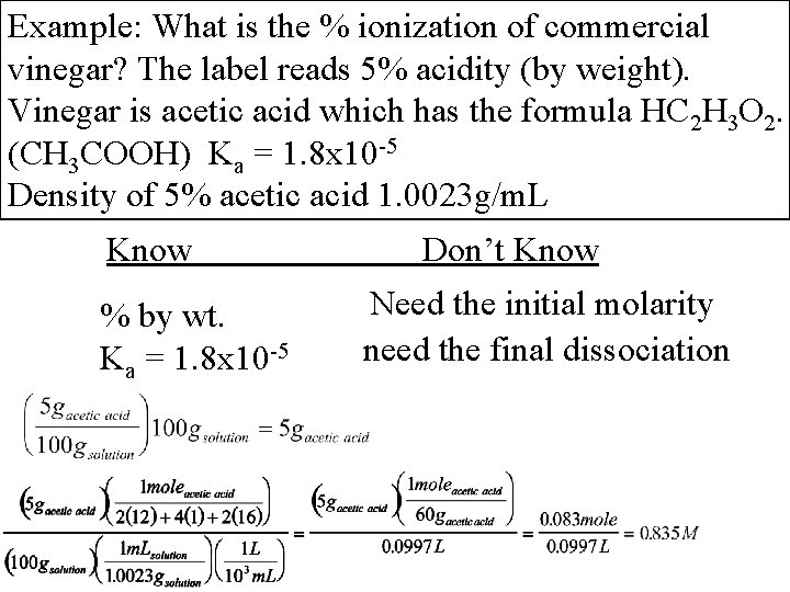 Example: What is the % ionization of commercial vinegar? The label reads 5% acidity