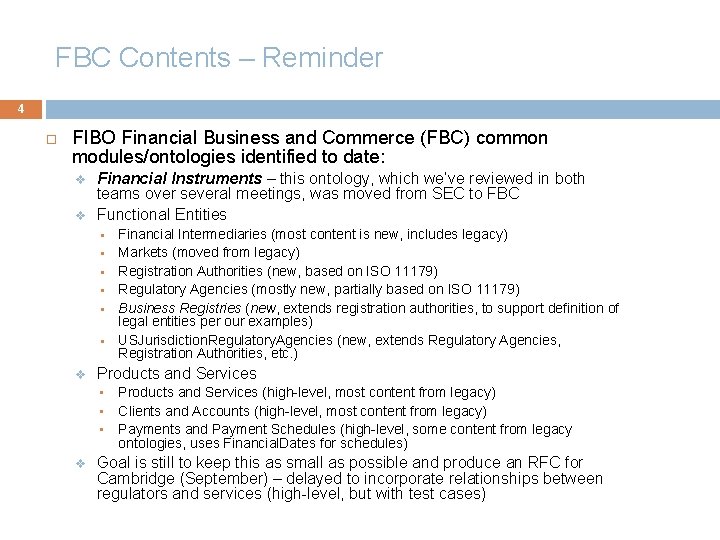 FBC Contents – Reminder 4 FIBO Financial Business and Commerce (FBC) common modules/ontologies identified