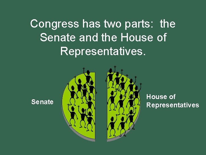 Congress has two parts: the Senate and the House of Representatives. Senate House of