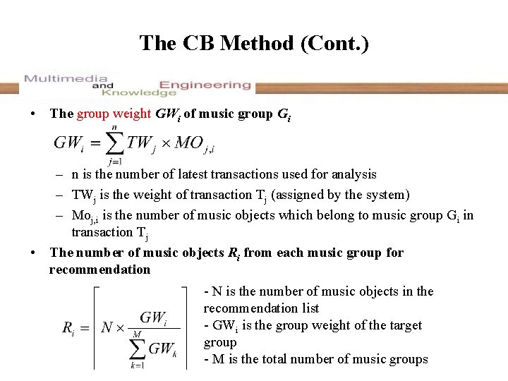 The CB Method (Cont. ) • The group weight GWi of music group Gi