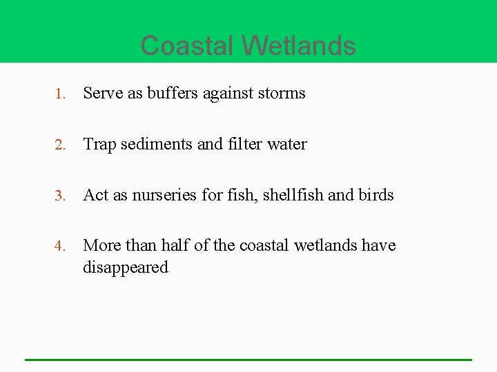 Coastal Wetlands 1. Serve as buffers against storms 2. Trap sediments and filter water